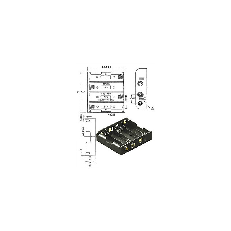 BATTERY HOLDER, AAx4, SIDE BY SIDE, w/9V CLIP