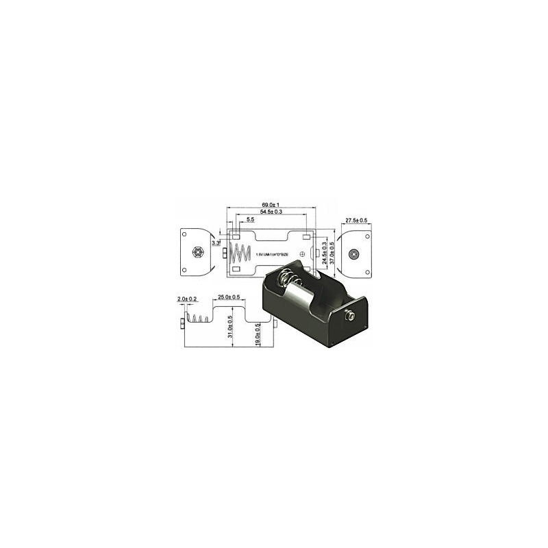 BATTERY HOLDER, Dx1, W/9V CLIP