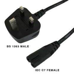 BS 1363 FUSED RIGHT MALE AND IEC C7 FEMALE CABLE 1.8M