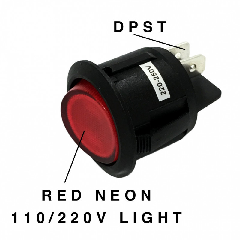 ROCKER ROUND ON-OFF SWITCH, DPST, 10A, 250VAC, RED NEON