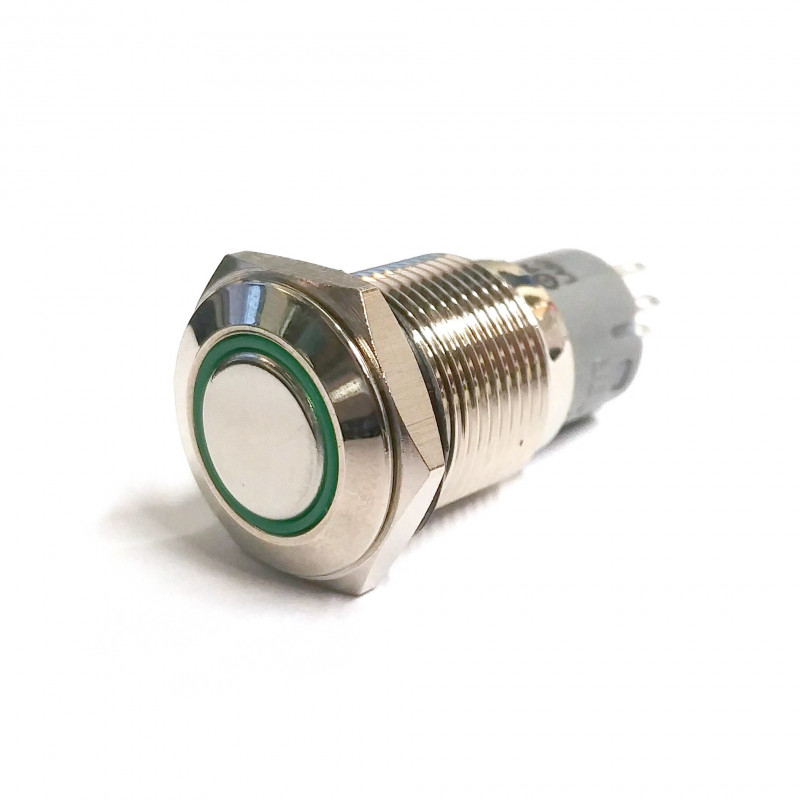 VANDAL MOMENTARY PUSH BUTTON DPDT 12V GREEN LED 16X38MM