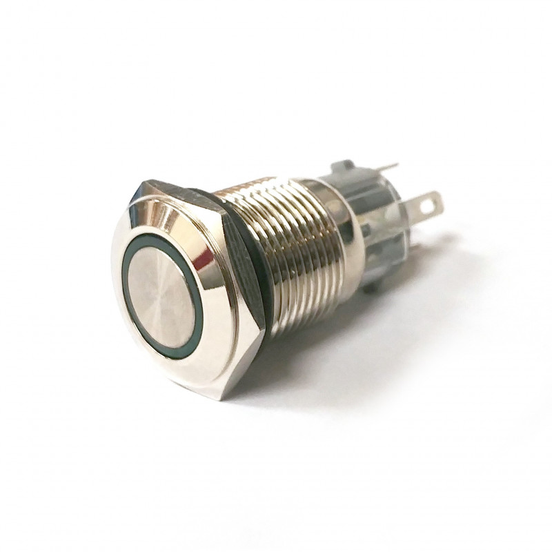 VANDAL ON/OFF PUSH BUTTON SPDT 12V GREEN LED 16X38MM