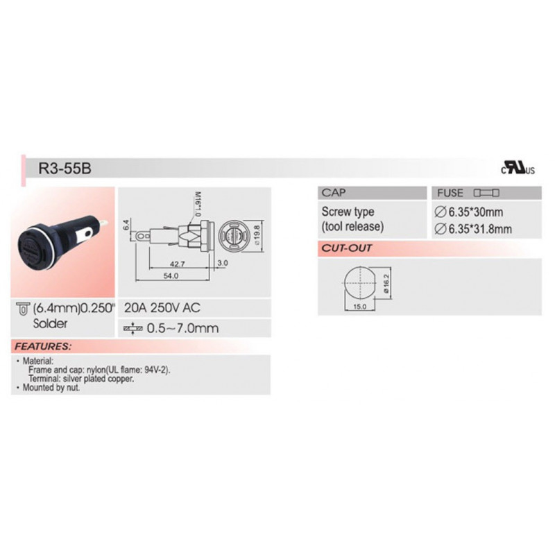 FUSE HOLDER R3-55 20A 250V CSA