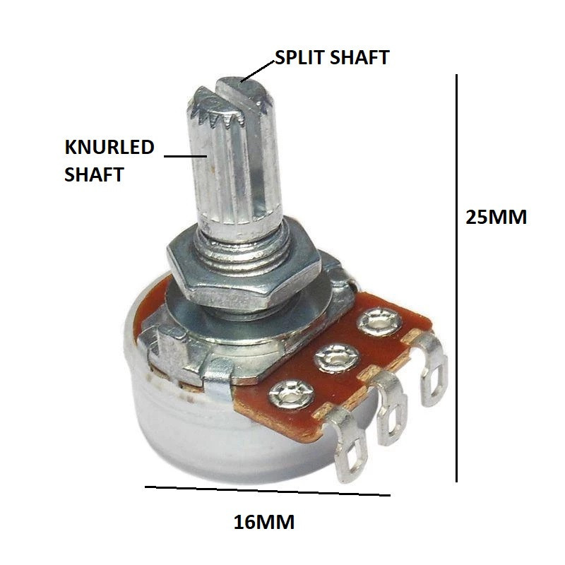 POTENTIOMETER, LOG A100K, SPLIT KNURL, LUG, 16MM