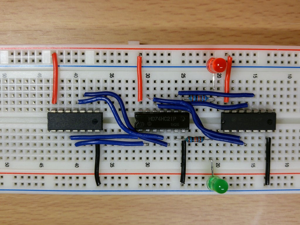 Picture of Connecting the Quad 2-input XNOR Chip to the Dual 4-input AND Chip